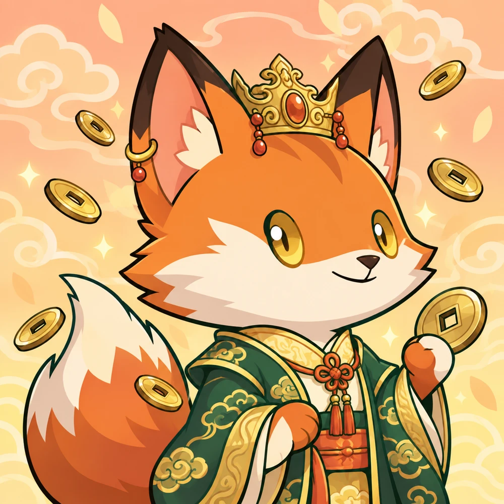 Royal Ember, an orange fox wearing an emerald robe and gold crown