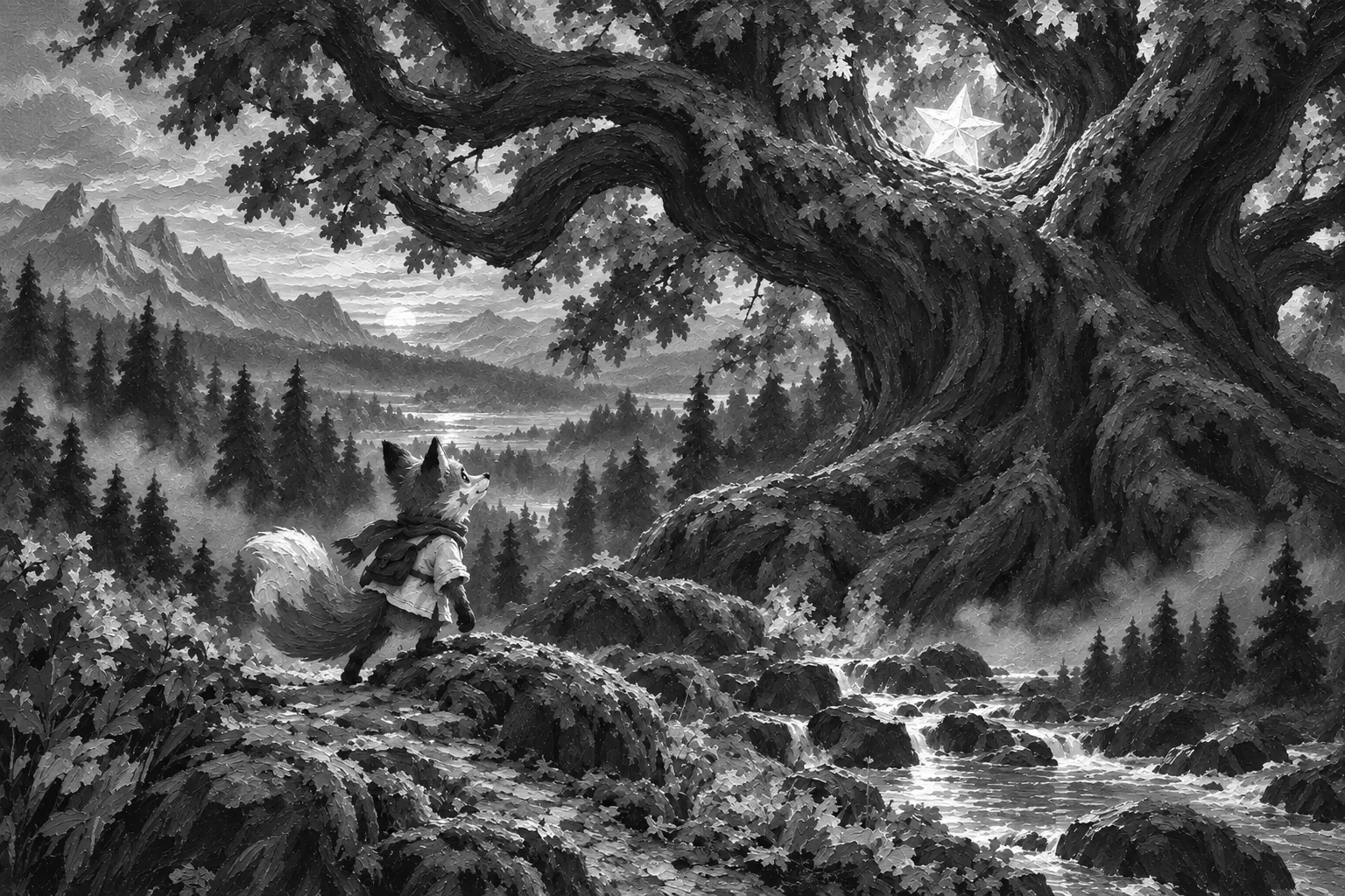 A black-and-white painting of Ember beneath the vast Hearthtree, watching a radiant fallen star above a misty mountain valley.