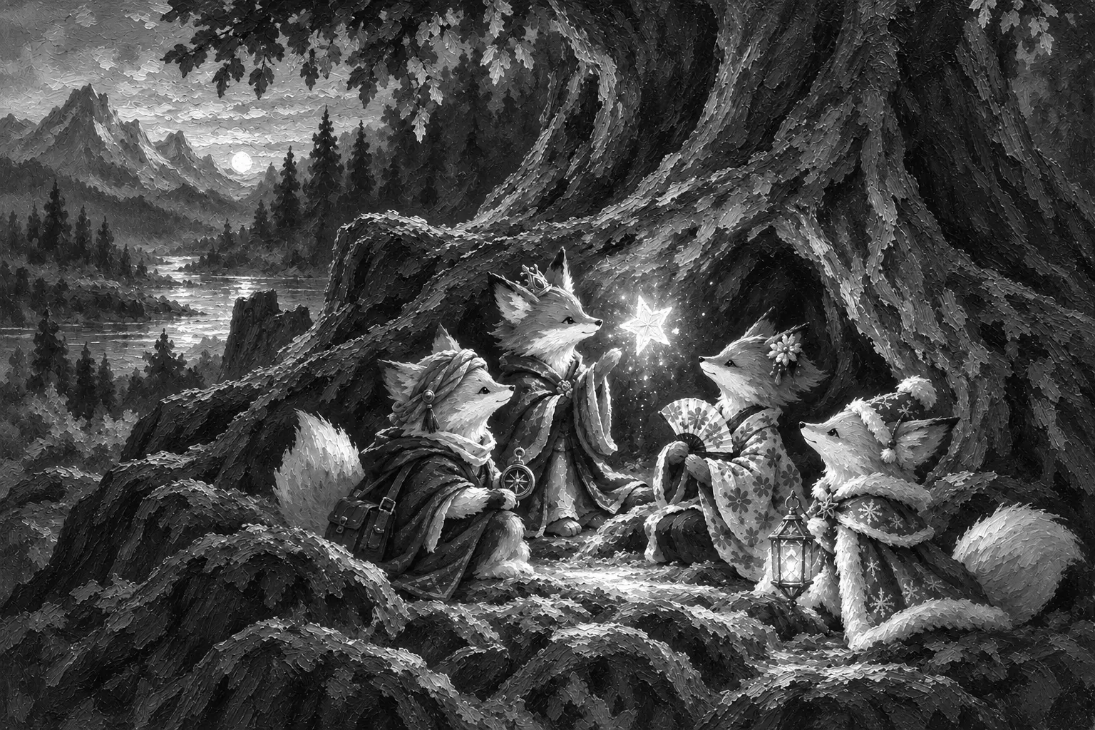 A black-and-white painting of four fox companions gathered around a luminous star at the Hearthtree, carrying a lantern, a fan, and a compass.